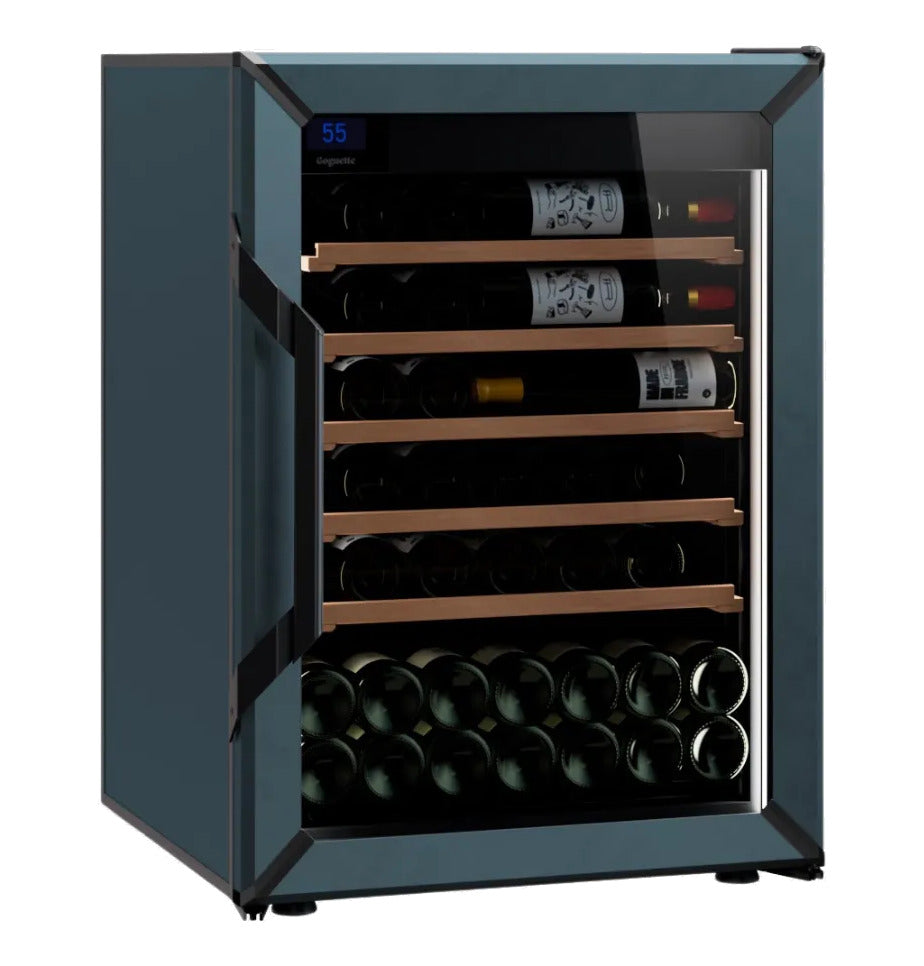 Slate blue Goguette wine fridge with wooden shelves and bottles stored inside