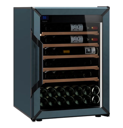 Slate blue Goguette wine fridge with wooden shelves and bottles stored inside