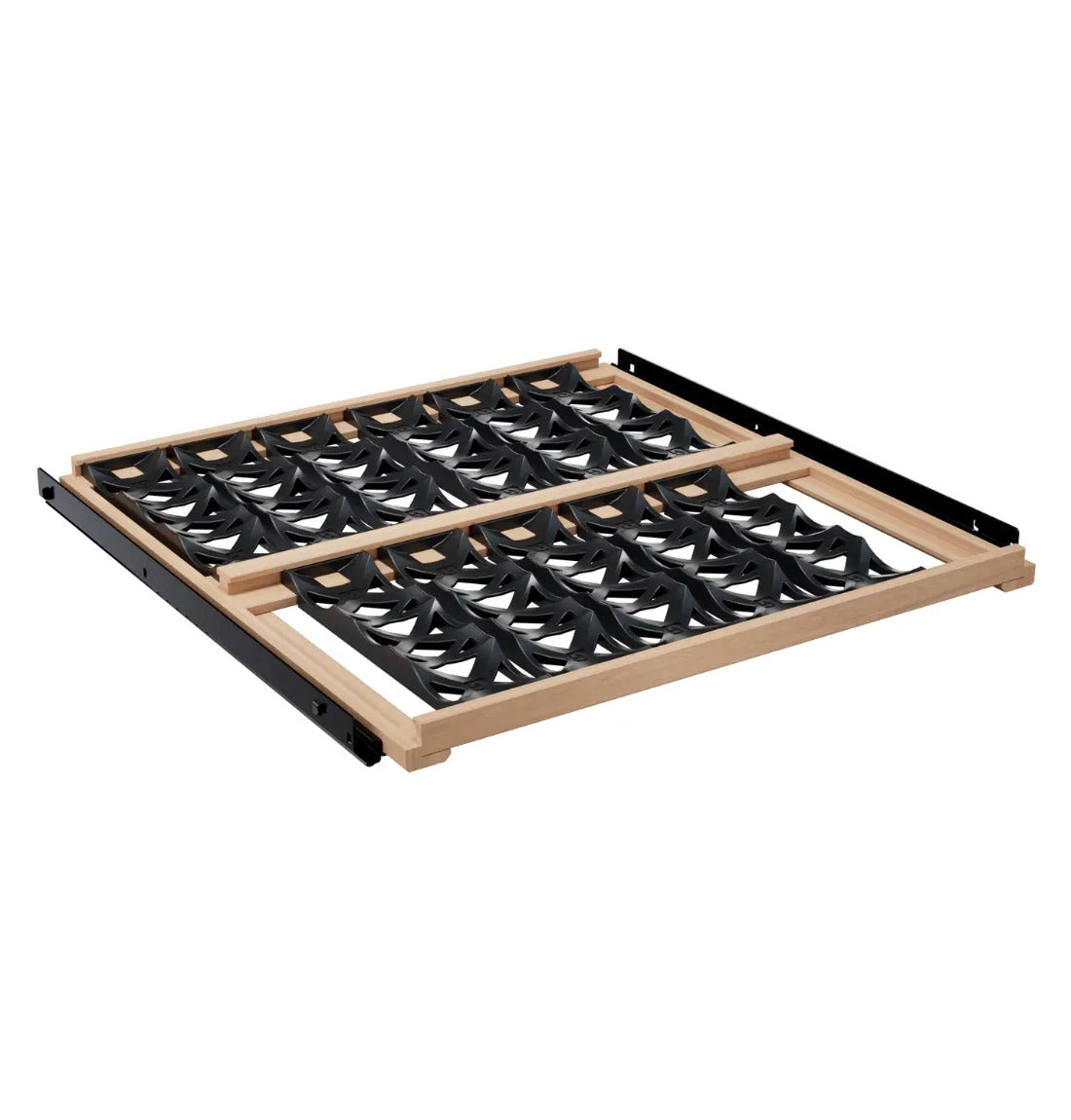 Black Goguette wine shelf insert with wooden rails and bottle cradles