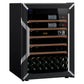 Black Goguette wine fridge with wooden shelves and bottles stored inside