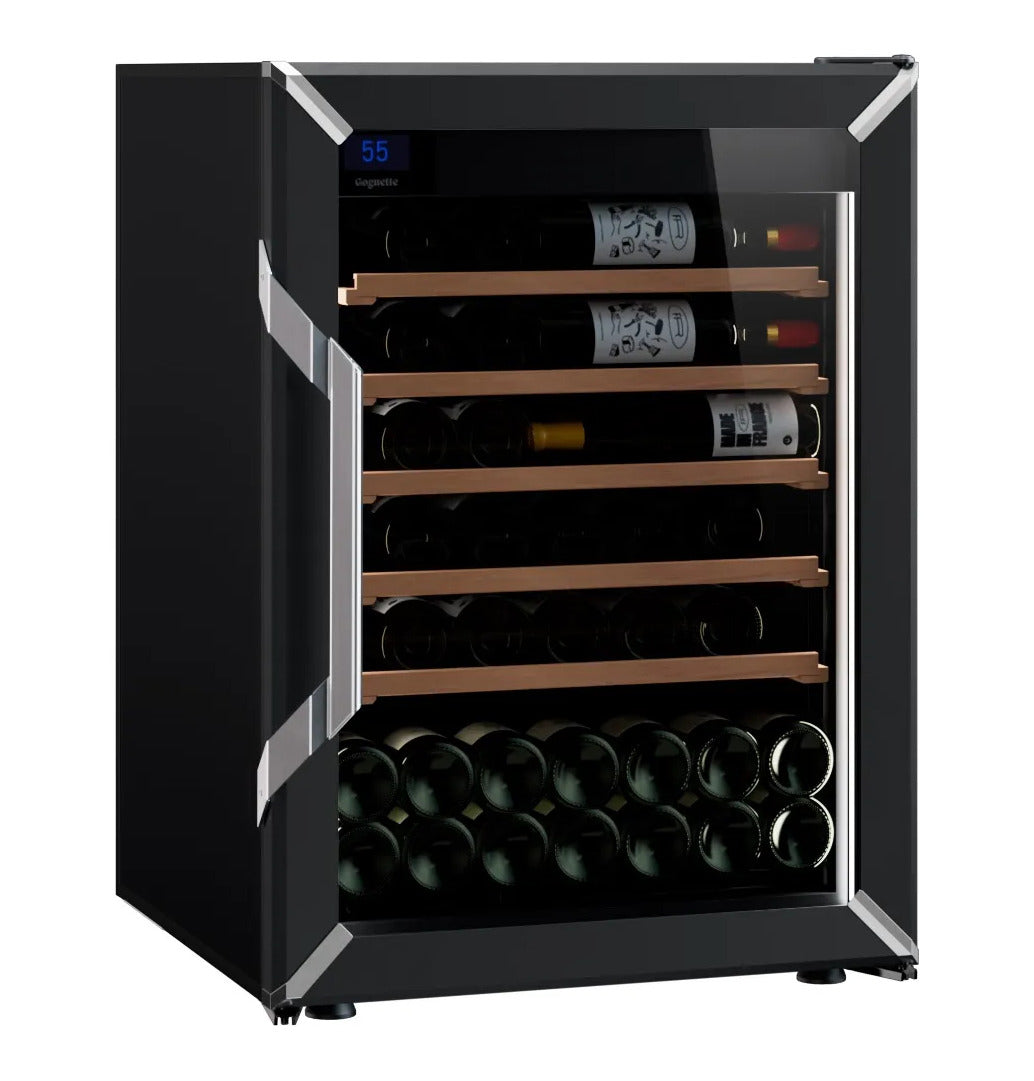 Black Goguette wine fridge with wooden shelves and bottles stored inside