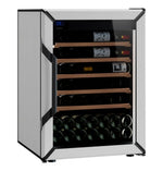 White Goguette wine fridge with wooden shelves and bottles stored inside
