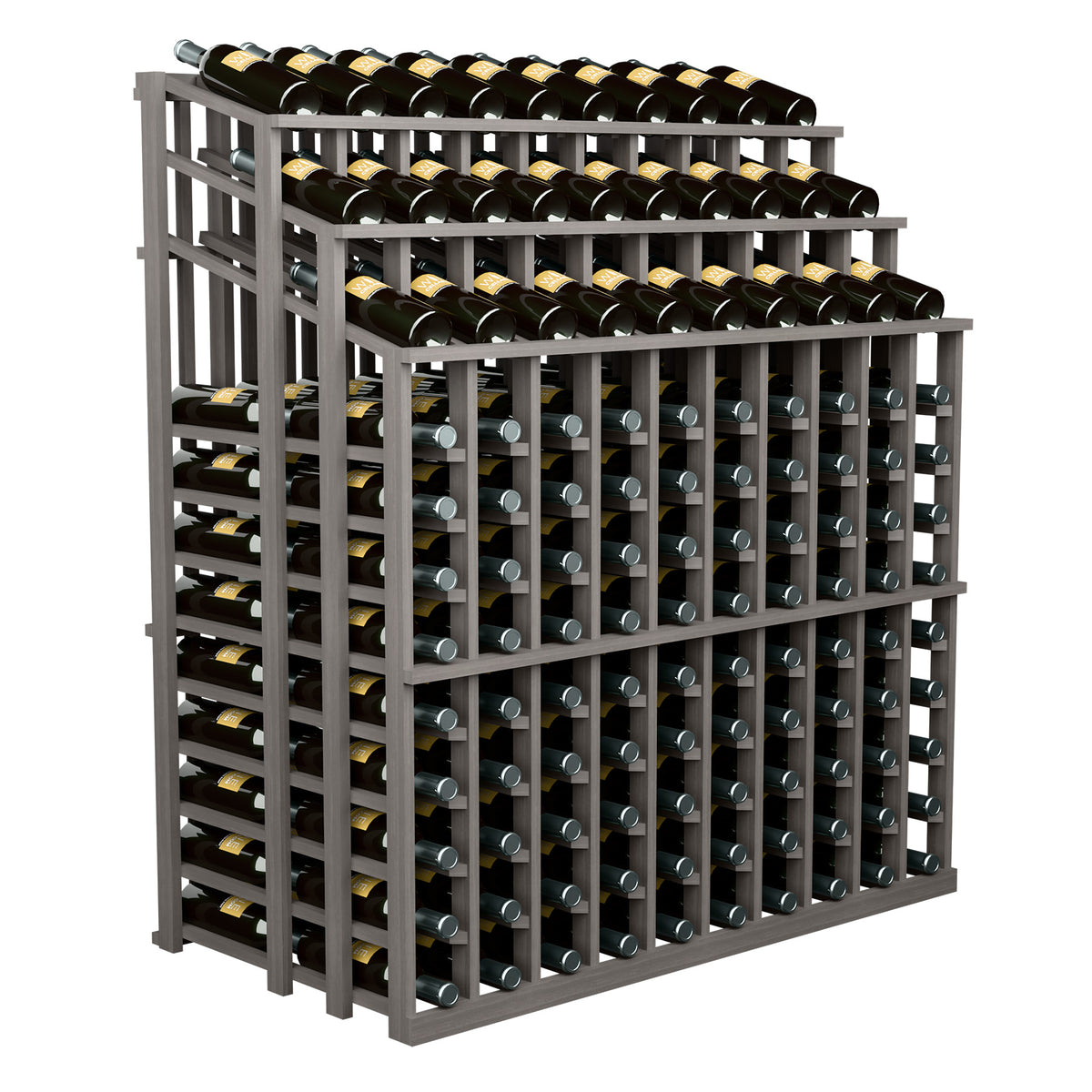 Wood wine bottle display rack with open-front triple tier, holds many bottles, dark frame.