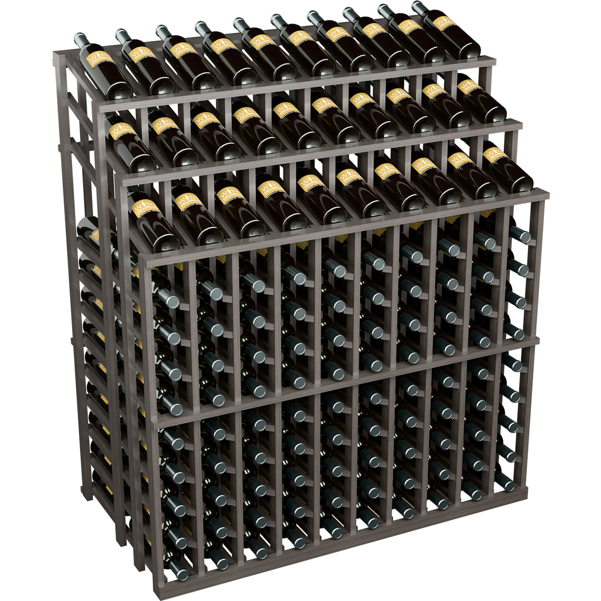 Wine bottle display rack with black bottles and gray wooden frame, three tiers