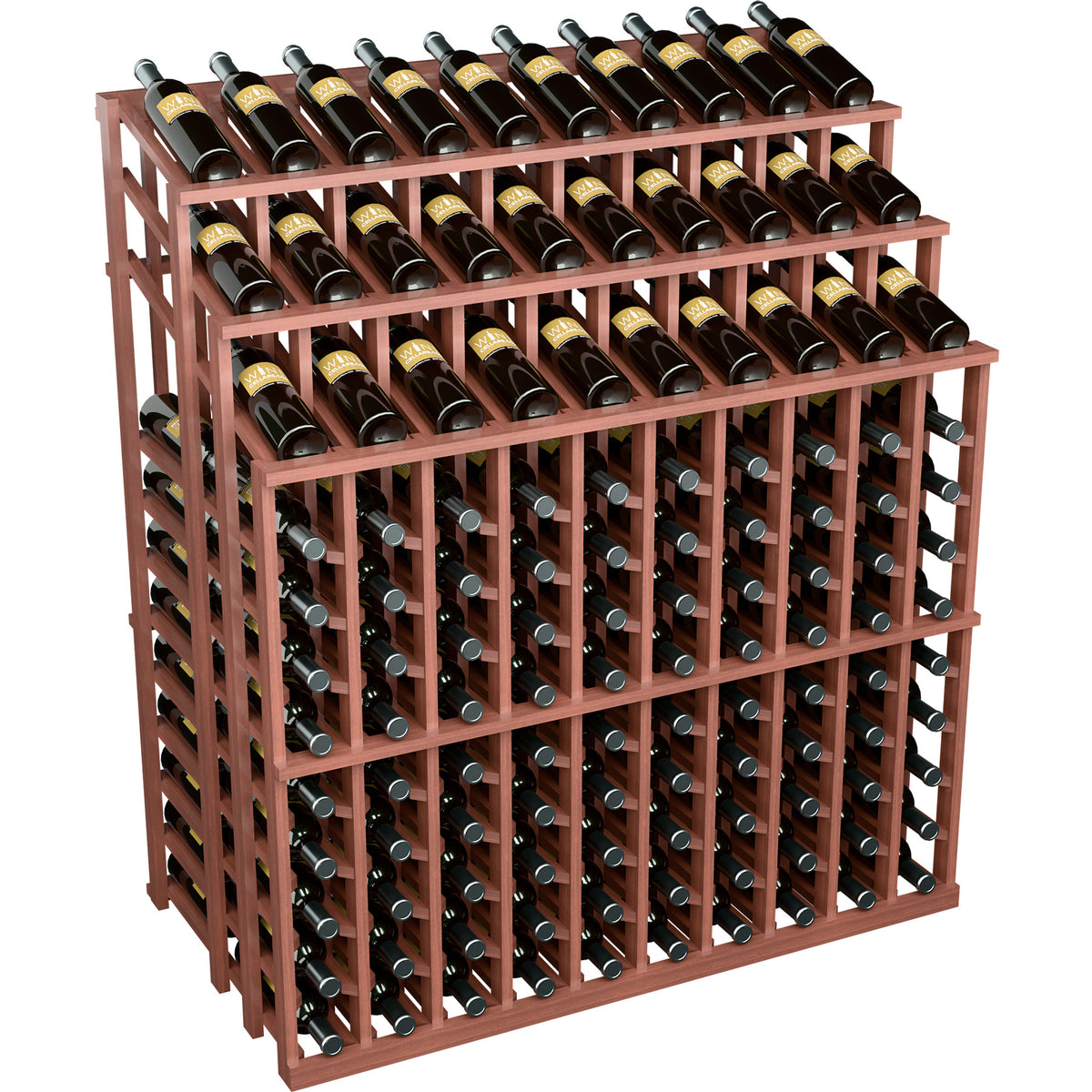 Wine bottle display rack with black bottles and red-brown wooden frame, three tiers