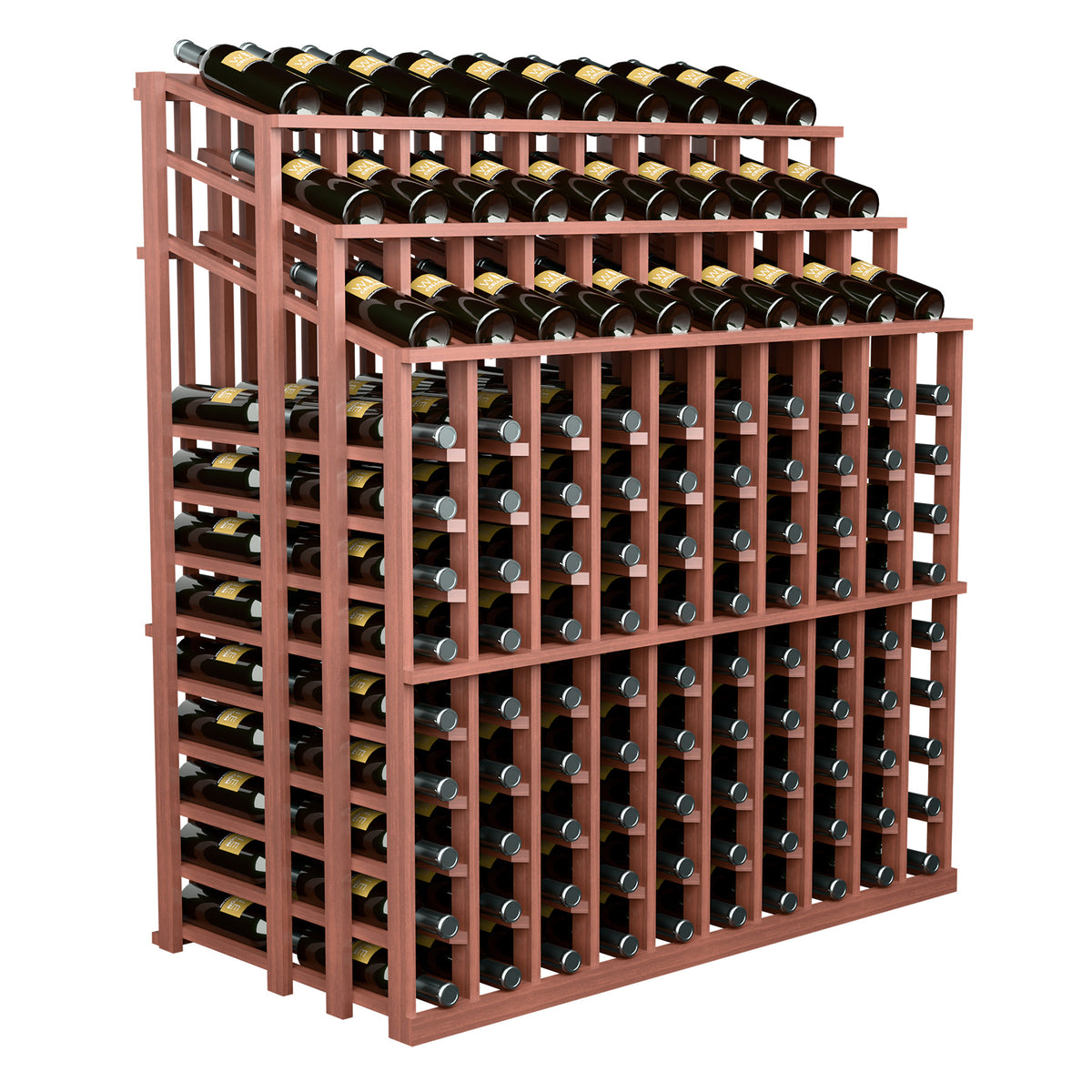 Wine bottle display rack with black bottles and red-brown wood shelves, side view