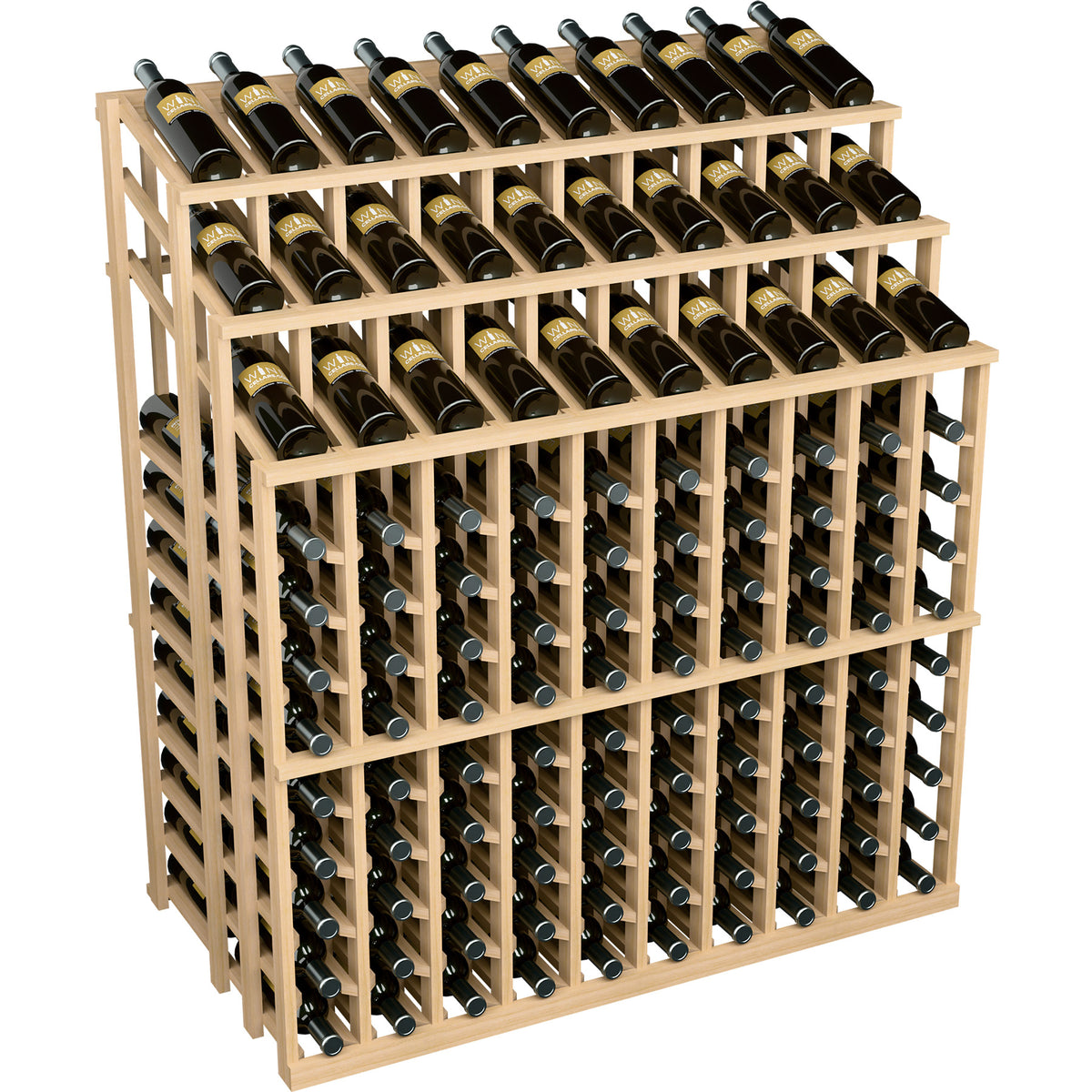 Light wood wine bottle display rack with front grid, holding many dark wine bottles on tiers