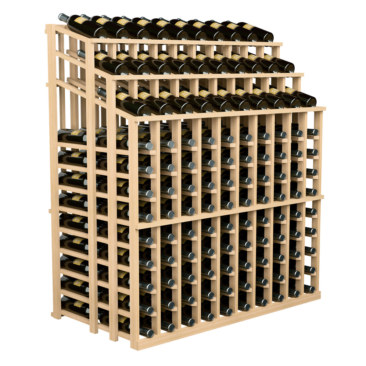 Commercial wine bottle display rack with natural wood frame and black wine bottle storage
