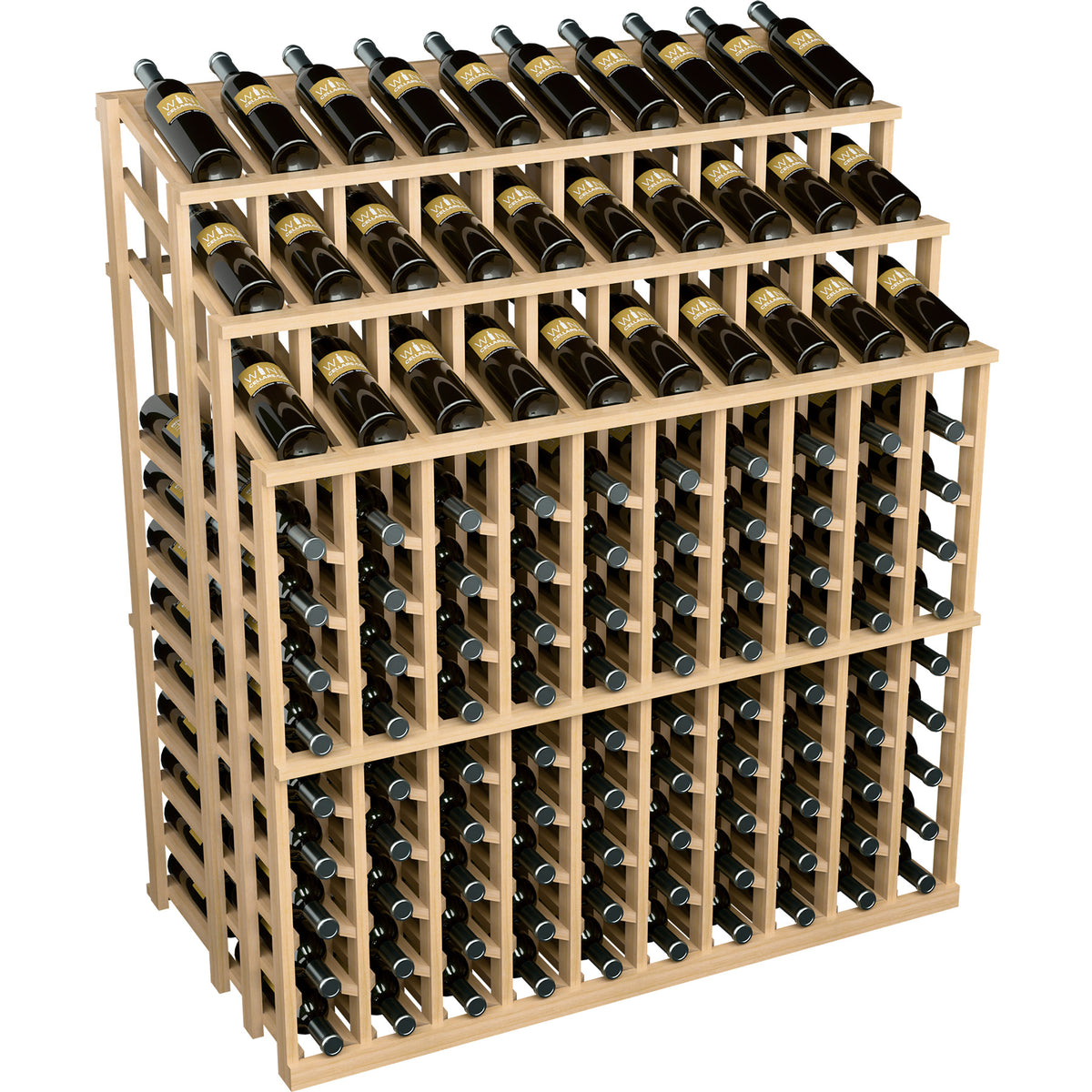 Wine bottle display rack with black bottles and light wood frame, front-filled rows
