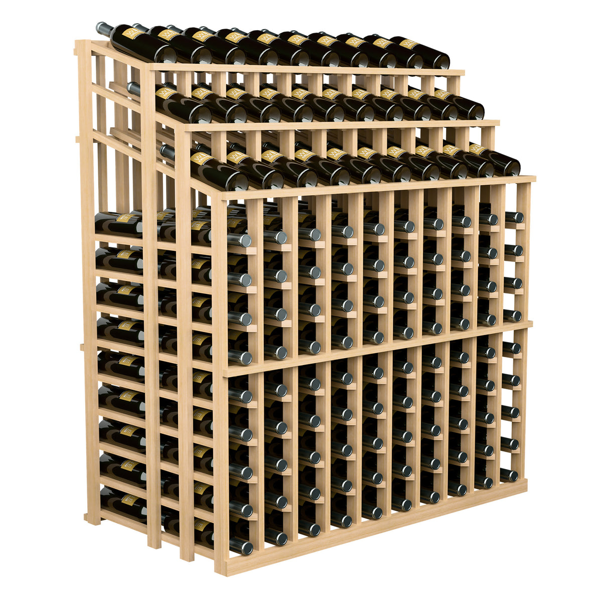 Wine bottle display rack with black bottles and light wood frame, angled shelves