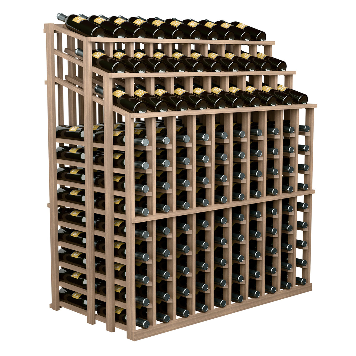 Light wood commercial wine bottle display with triple-tier shelves and bottle slots