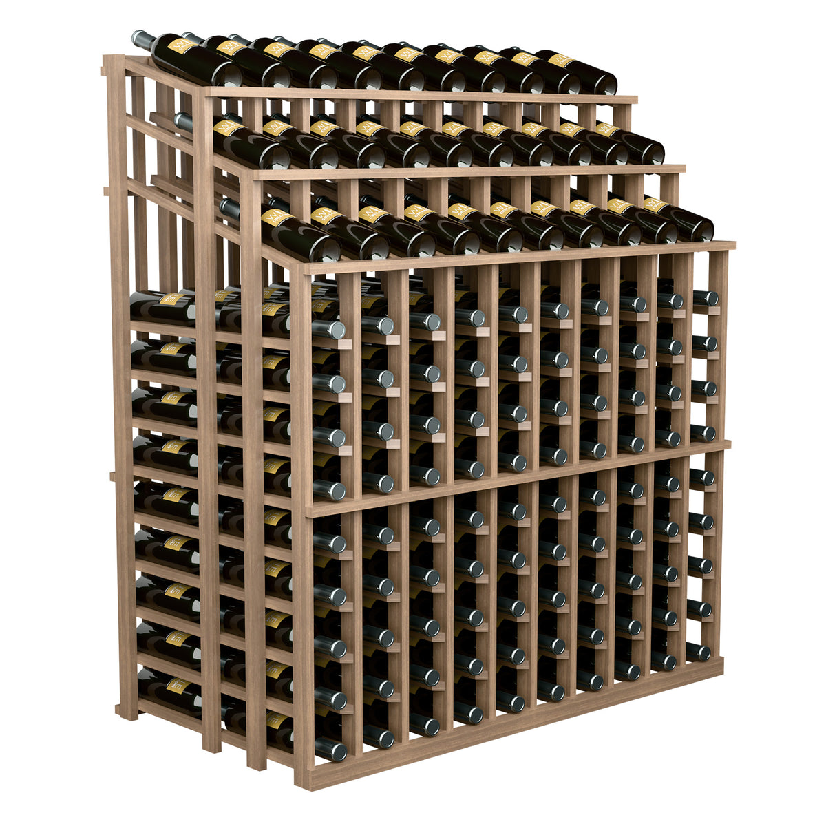 Wine bottle display rack with black bottles and light wood sides, stacked compartments