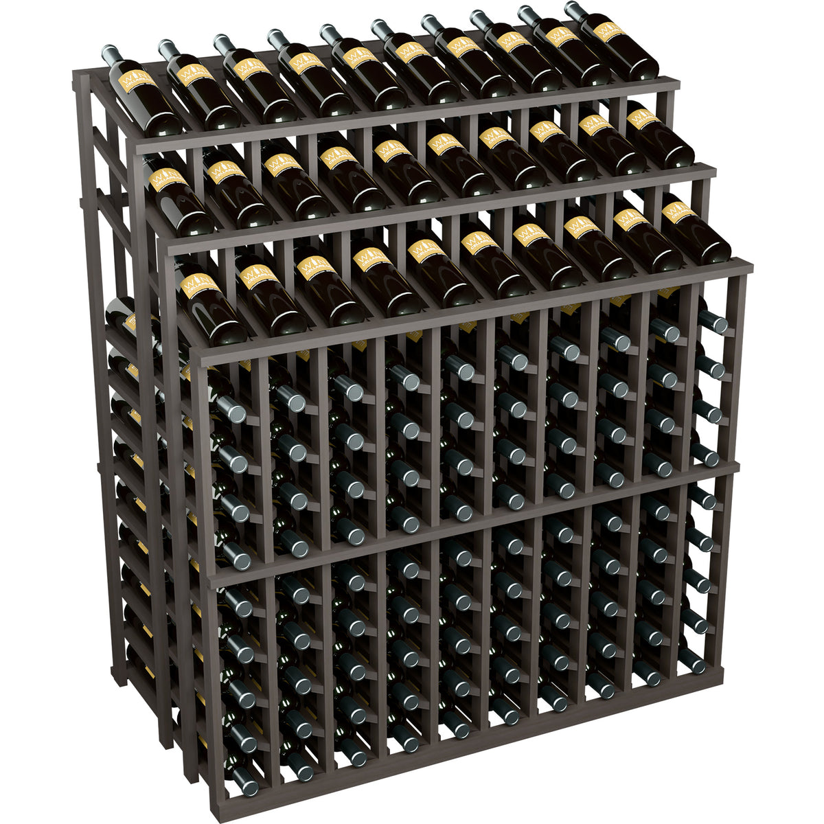 Commercial wine bottle display rack with black shelves and gray wooden frame