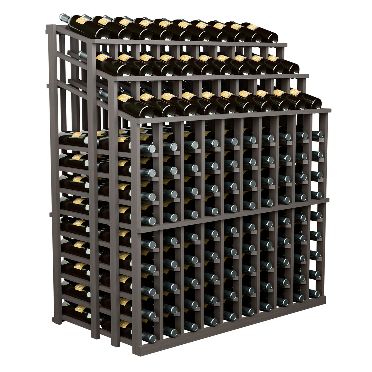 Wood wine bottle display rack with open-front triple tier, holds many bottles, dark frame.