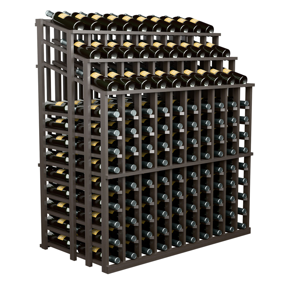 Wine bottle display rack with black bottles and dark gray frame, angled front view