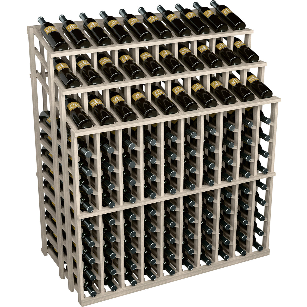 Wine bottle display rack with 3 tiers of bottles and pale wood frame