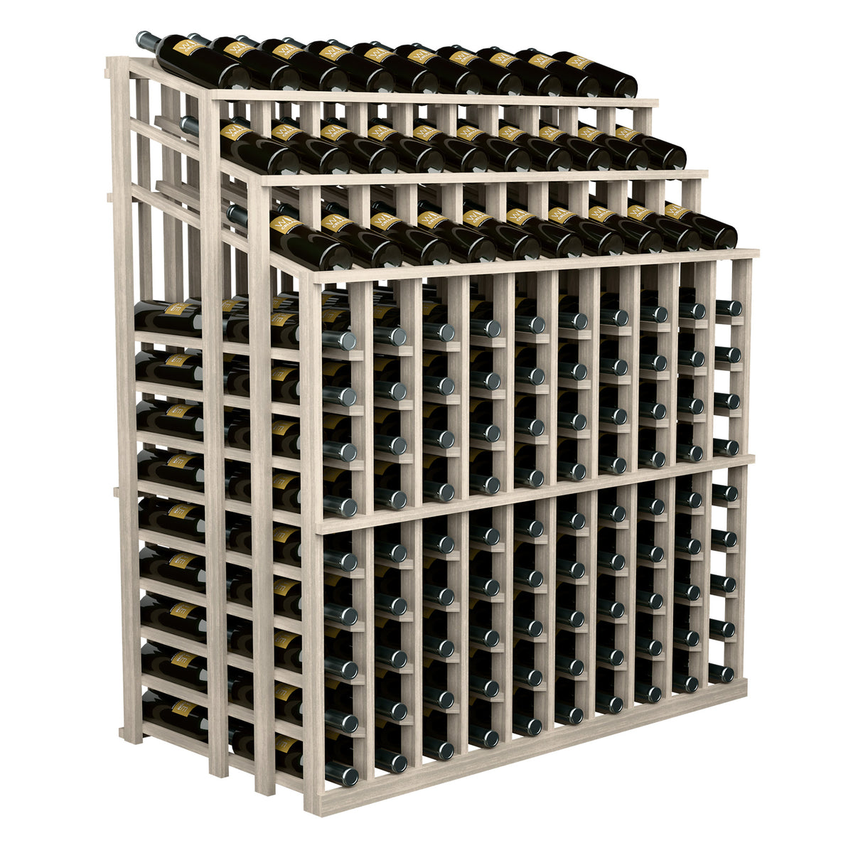 Wood wine bottle display rack with open-front triple tier, holds many bottles, light frame.