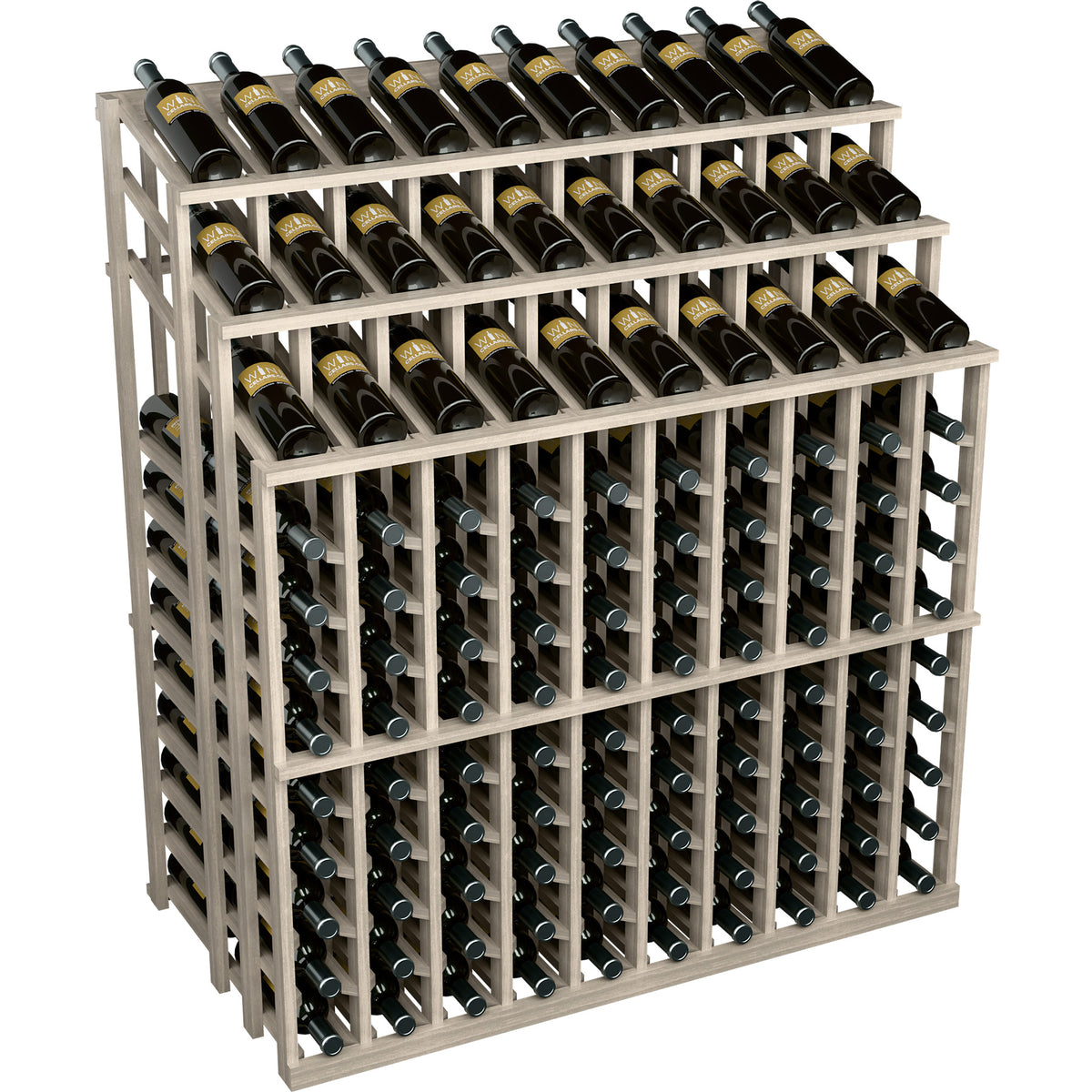 White wine bottle display rack with three tiers of black bottles in angled slots