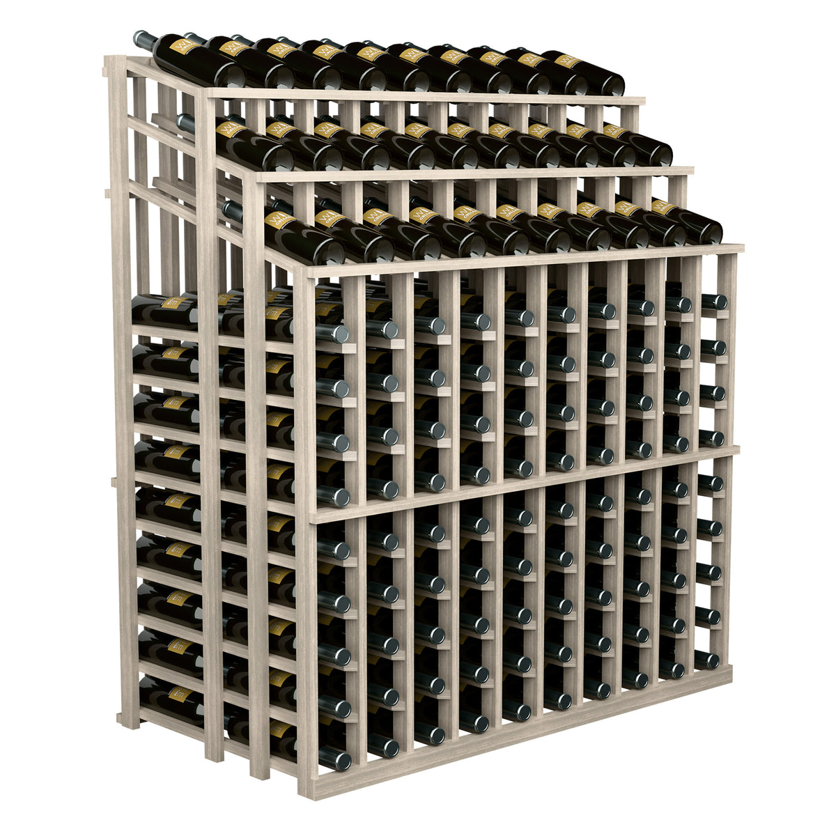 White wine bottle display rack with three tiers of bottles in an open grid front