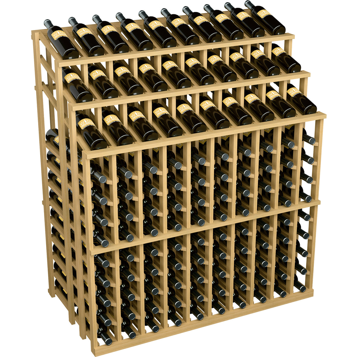 Wine bottle display rack with 3 tiers of bottles and pale natural wood frame