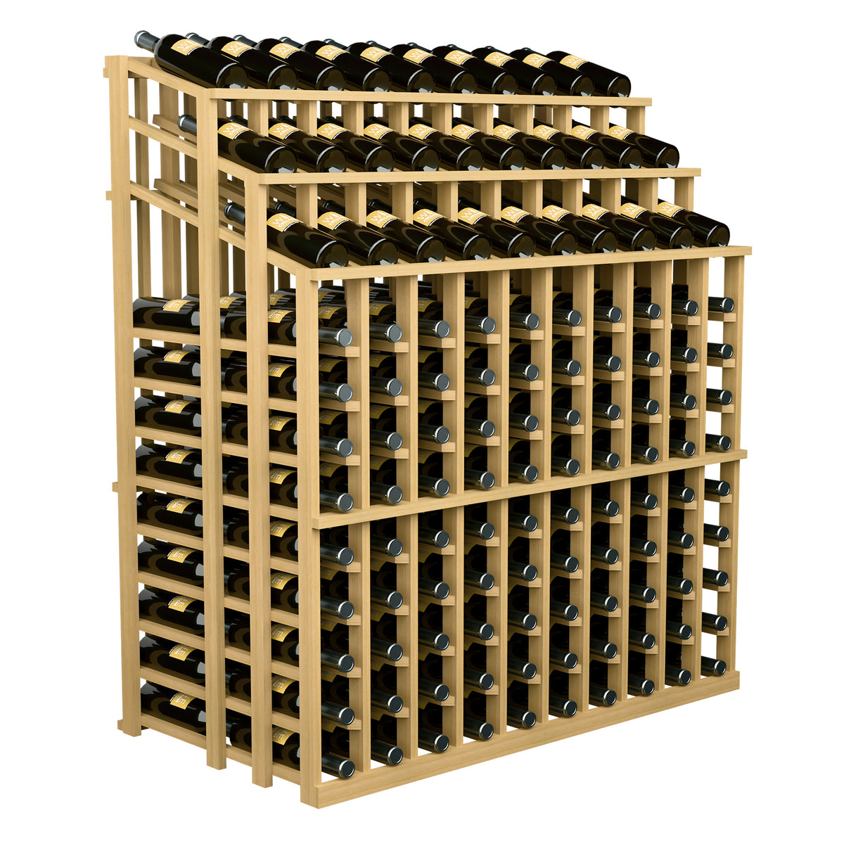 Light tan wooden wine bottle display rack with metal bottle holders and stacked rows of wine bottles.
