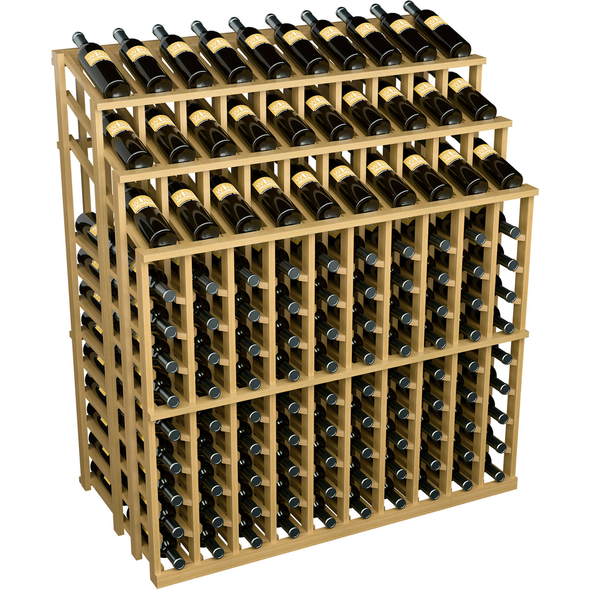 Natural wood wine bottle display rack with three tiers of black bottles