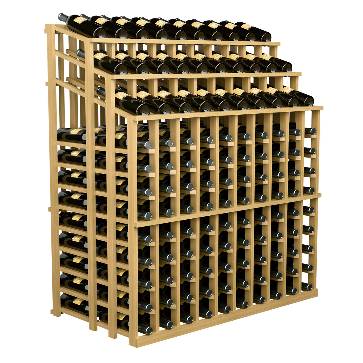 Light natural wood wine bottle display rack with three tiers holding black bottles
