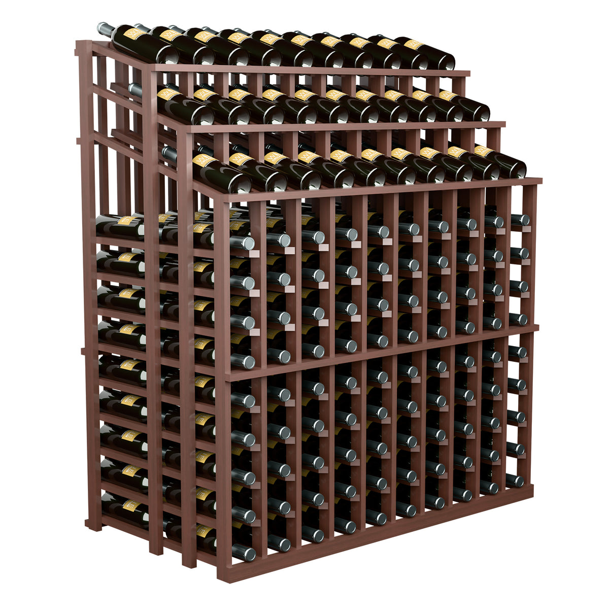 Dark brown wine bottle display rack with three tiers of black wine bottles