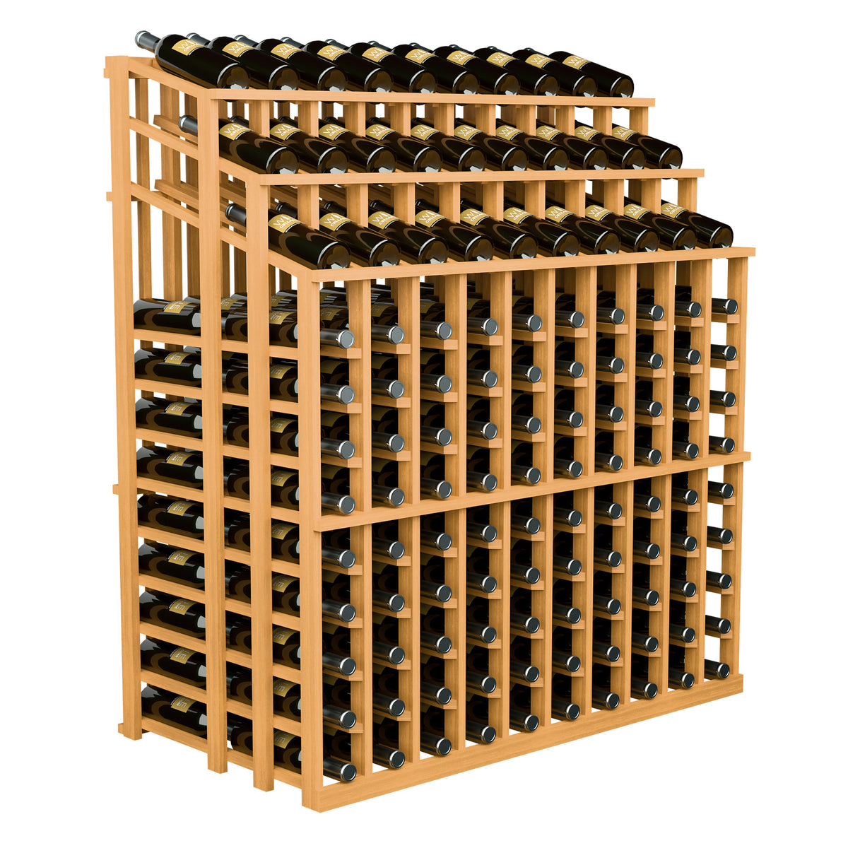 Wine bottle display rack with light wood frame and tiered bottle storage in rows