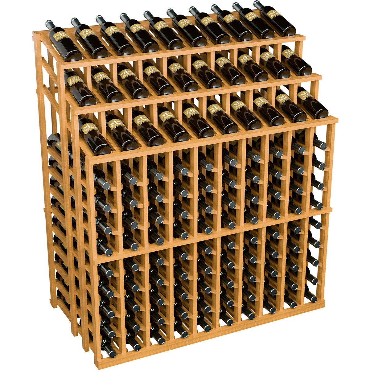 Natural wood wine bottle display rack with bottle necks facing outward on three tiers