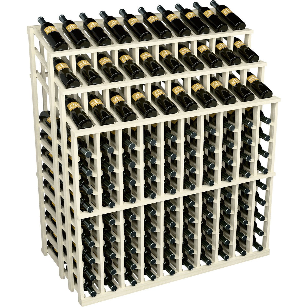 White wine bottle display rack with open grid slots, holding many dark wine bottles