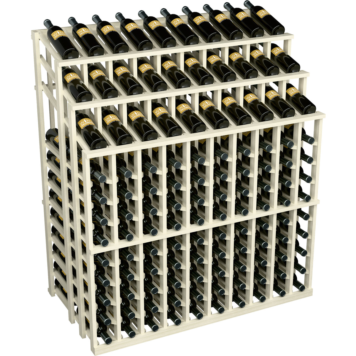 White wine bottle display rack with three tiers of black wine bottles