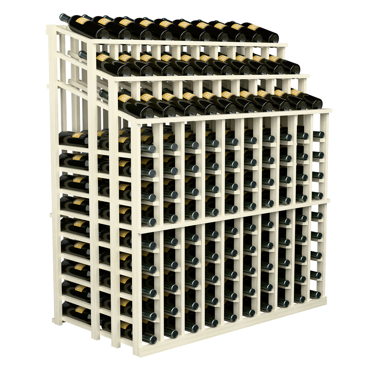 White wine bottle display rack with three tiers and bottle-filled storage slots