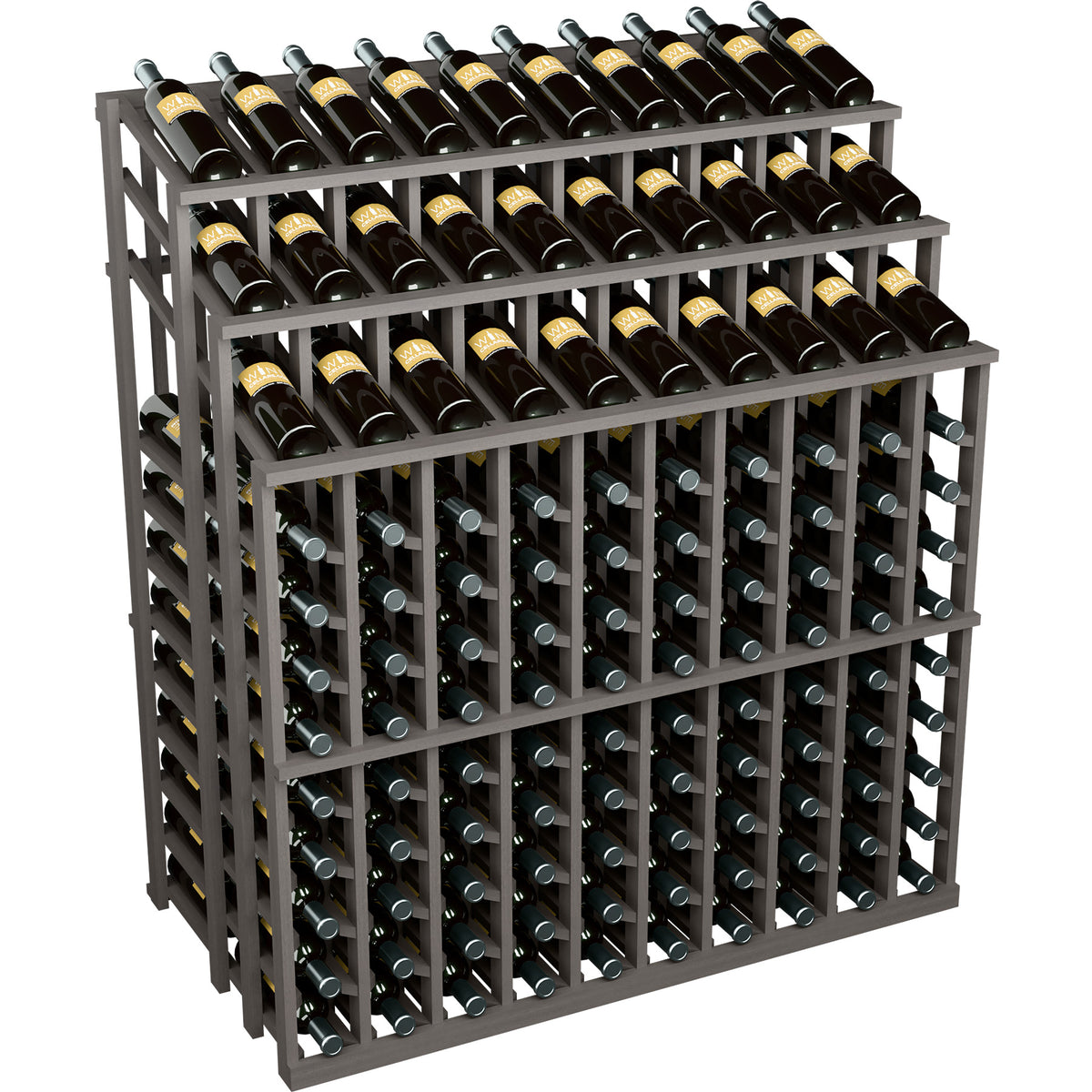 Commercial wine bottle display rack with black shelves and gray wooden bottle holder grid