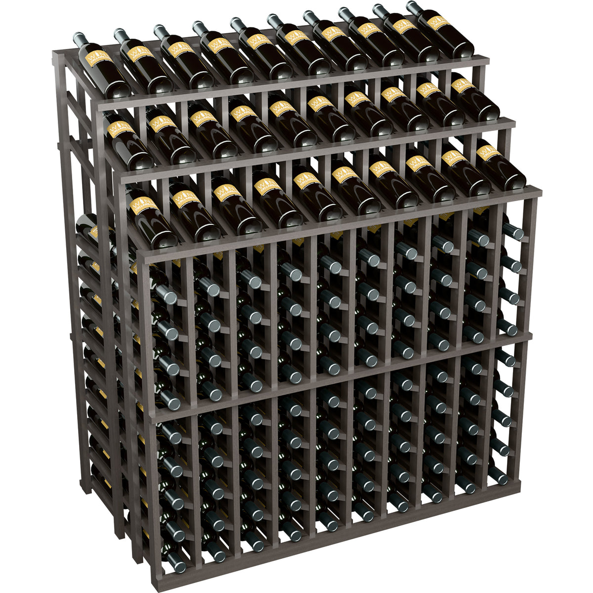 Dark wood wine bottle display rack with multiple rows of capped bottles