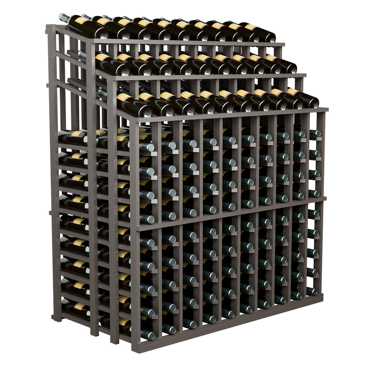 Gray wood wine bottle display rack with multiple rows of capped bottles