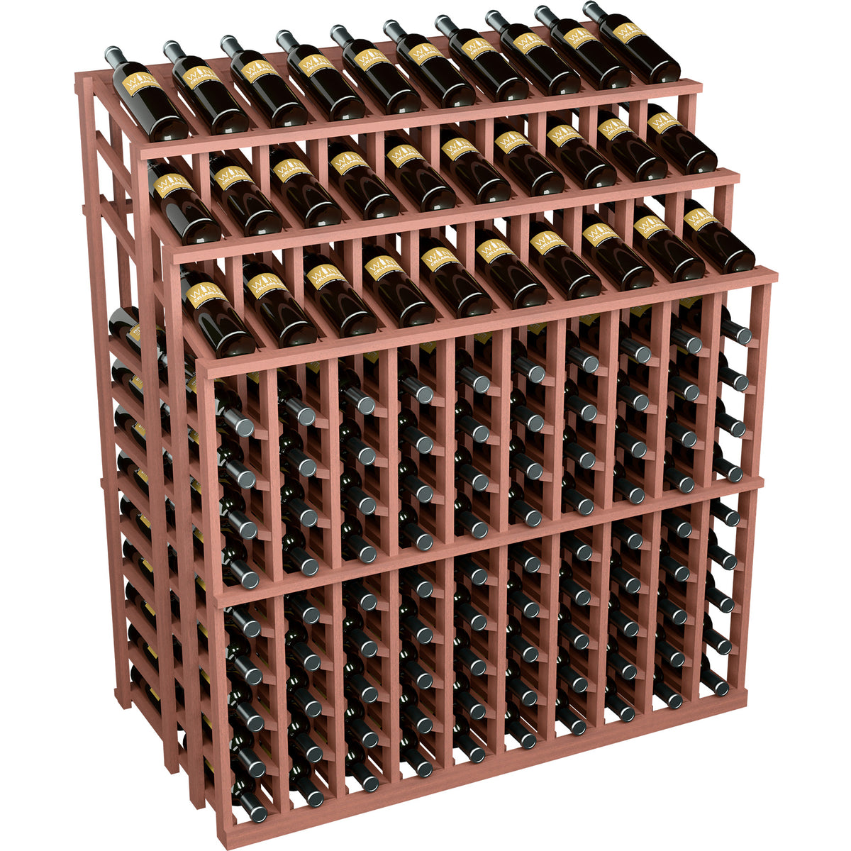 Brown/pink wood wine bottle display rack with open grid, holding many dark wine bottles