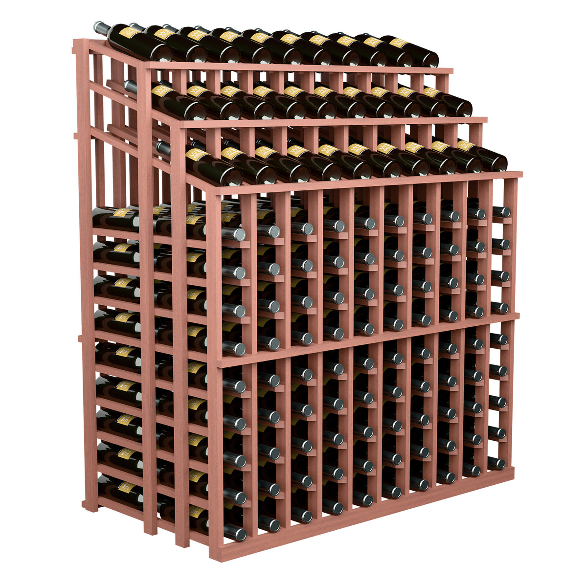 Dark wood wine bottle display rack with three levels of bottle holders