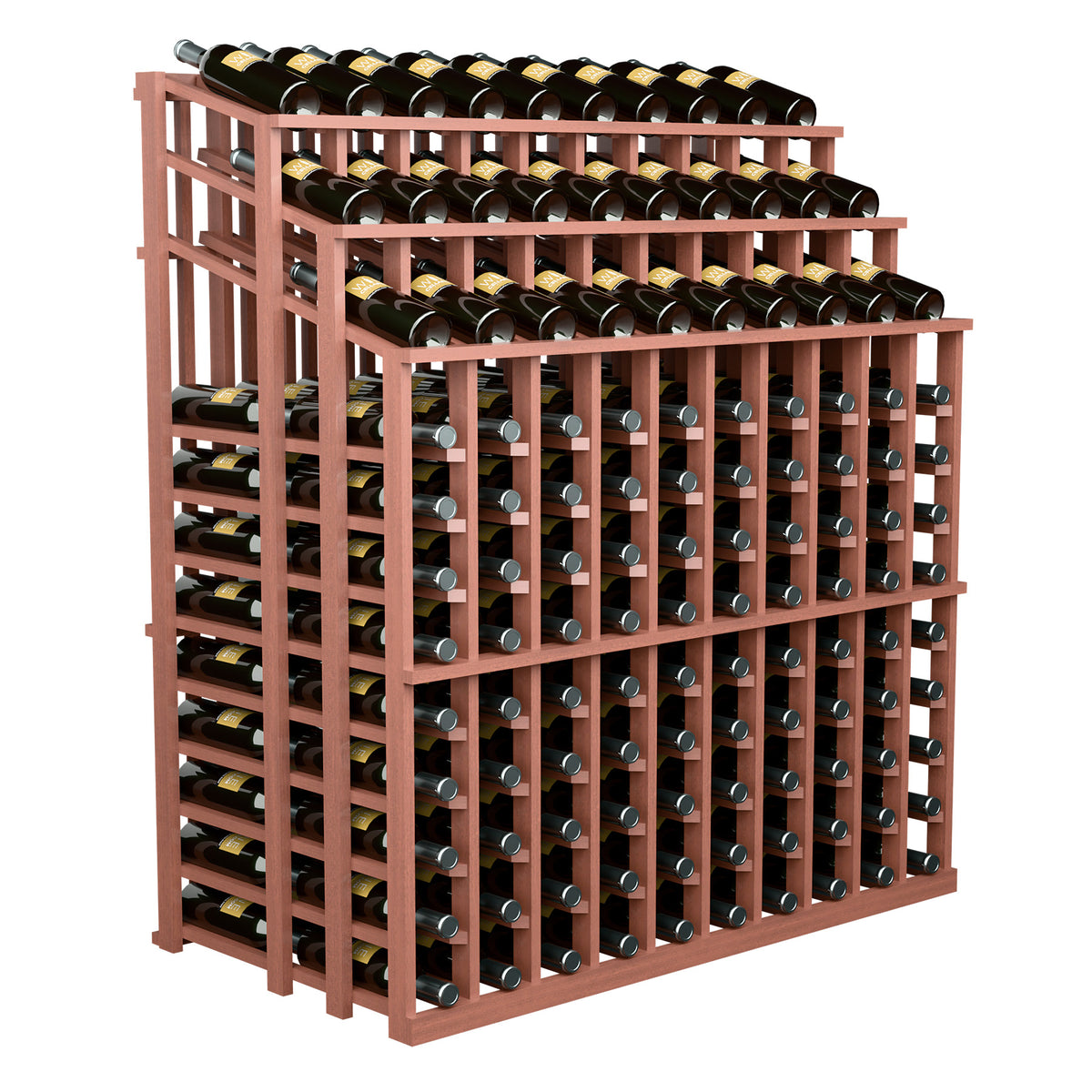 Warm red-brown wood wine bottle display rack with multiple rows of capped bottles