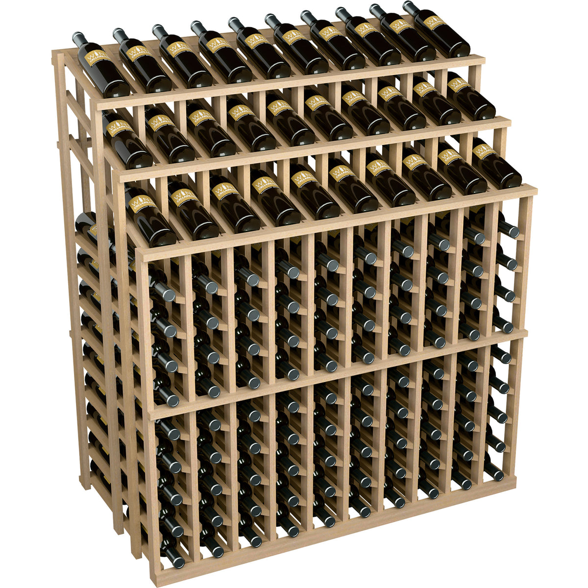 Natural wood wine bottle display rack with black bottles across three stacked shelves