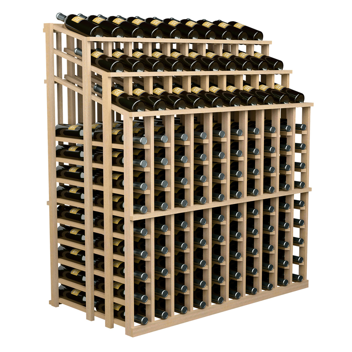 Light wood wine bottle display rack with three shelves for black wine bottles and front slots