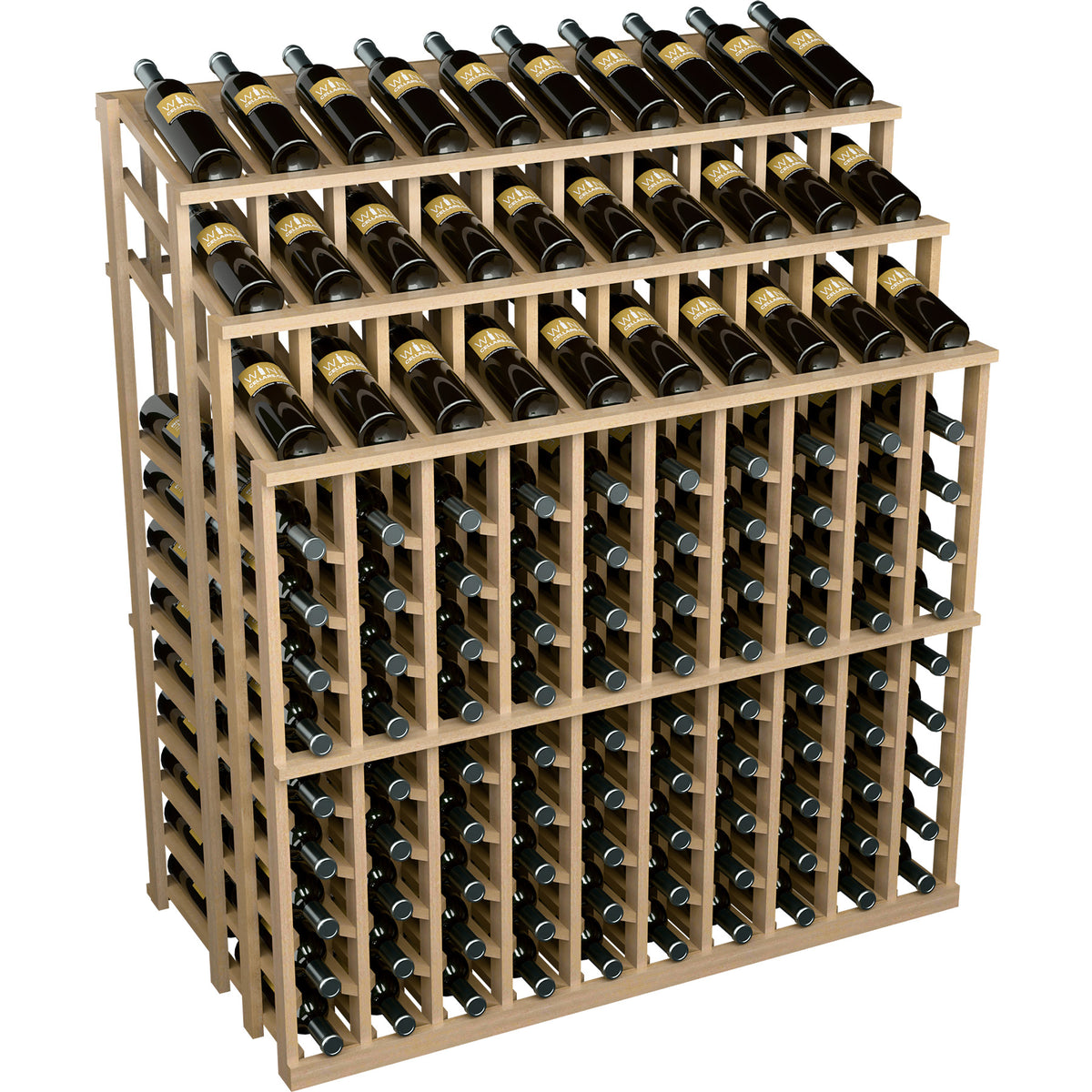 Light wood wine bottle display rack with multiple rows of capped bottles