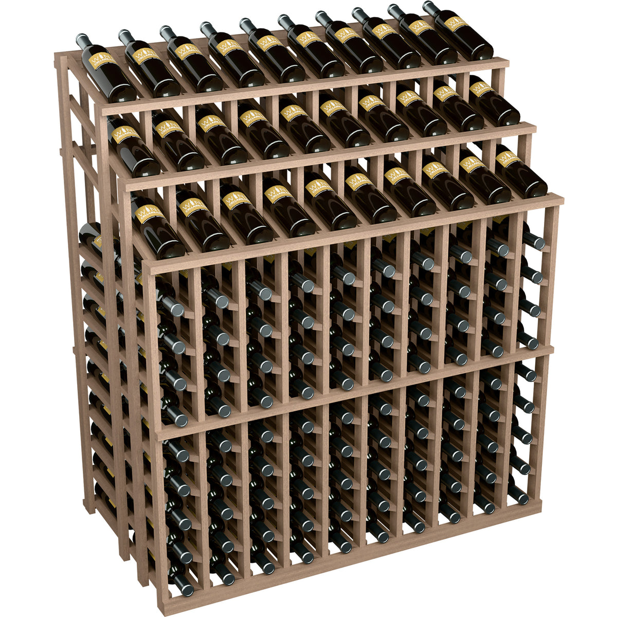 Medium brown wood wine bottle display rack with open grid, holding many dark wine bottles