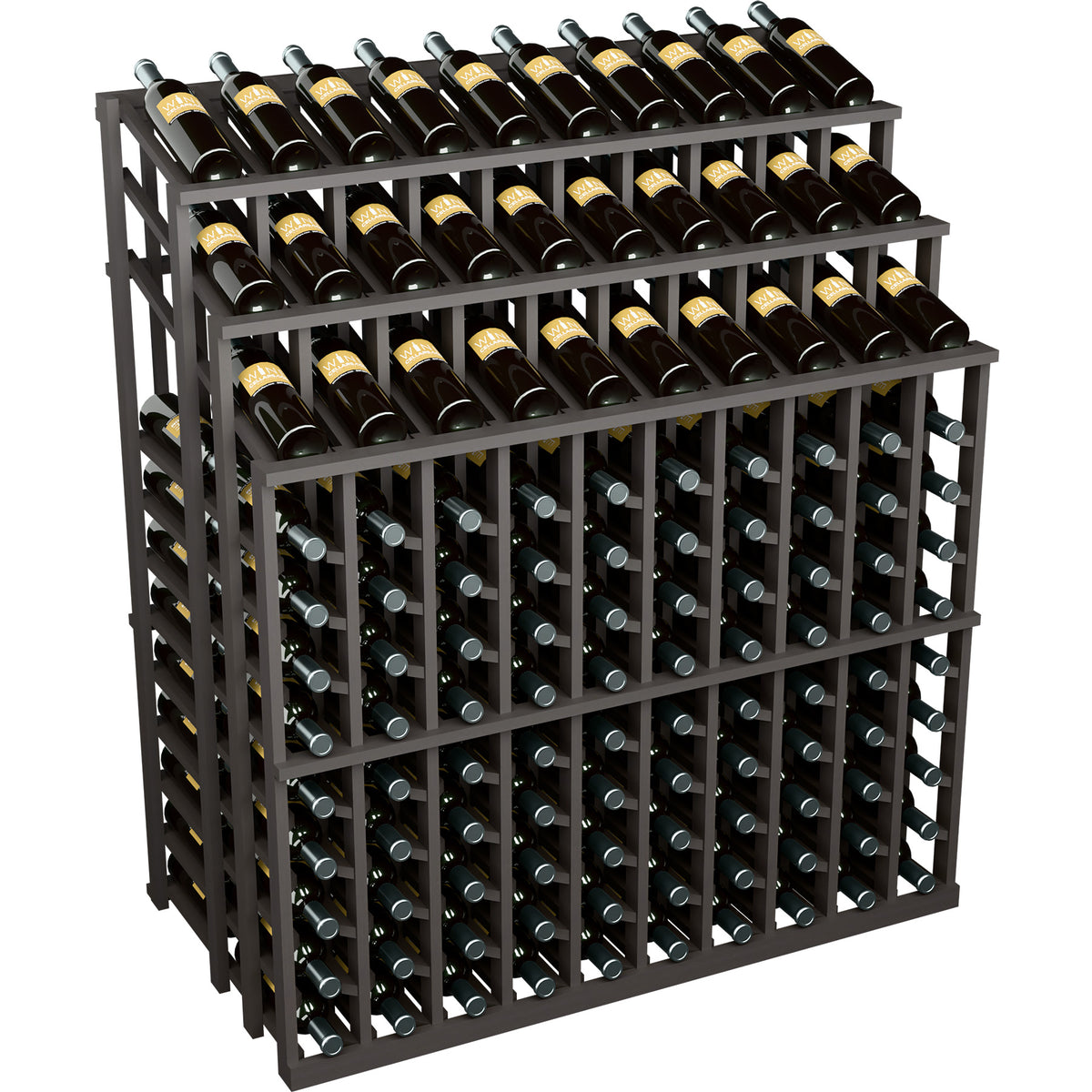 Gray wooden wine bottle display rack with metal bottle holders and multiple rows of wine bottles.