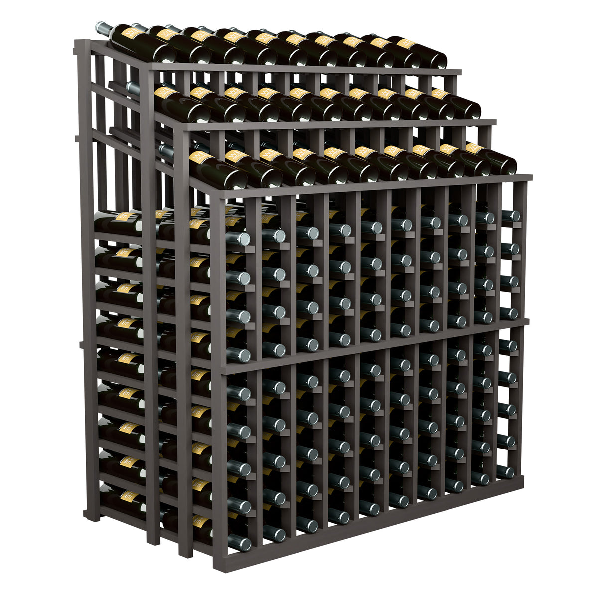 Wood wine bottle display rack with open-front triple tier, holds many bottles, dark frame.