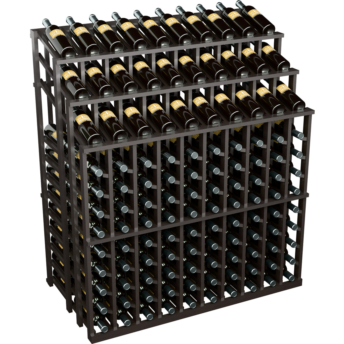 Dark wood wine bottle display rack with multiple rows of capped bottles