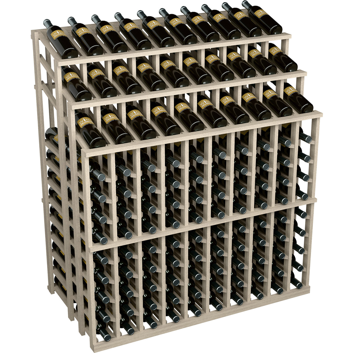 White wood wine bottle display rack with open grid slots, holding many dark wine bottles