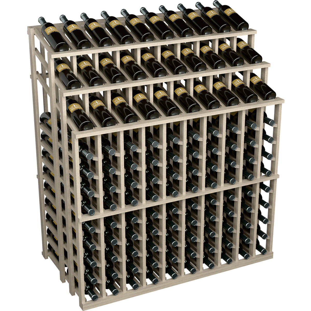 Commercial wine bottle display rack with three rows and multiple angled bottle holders