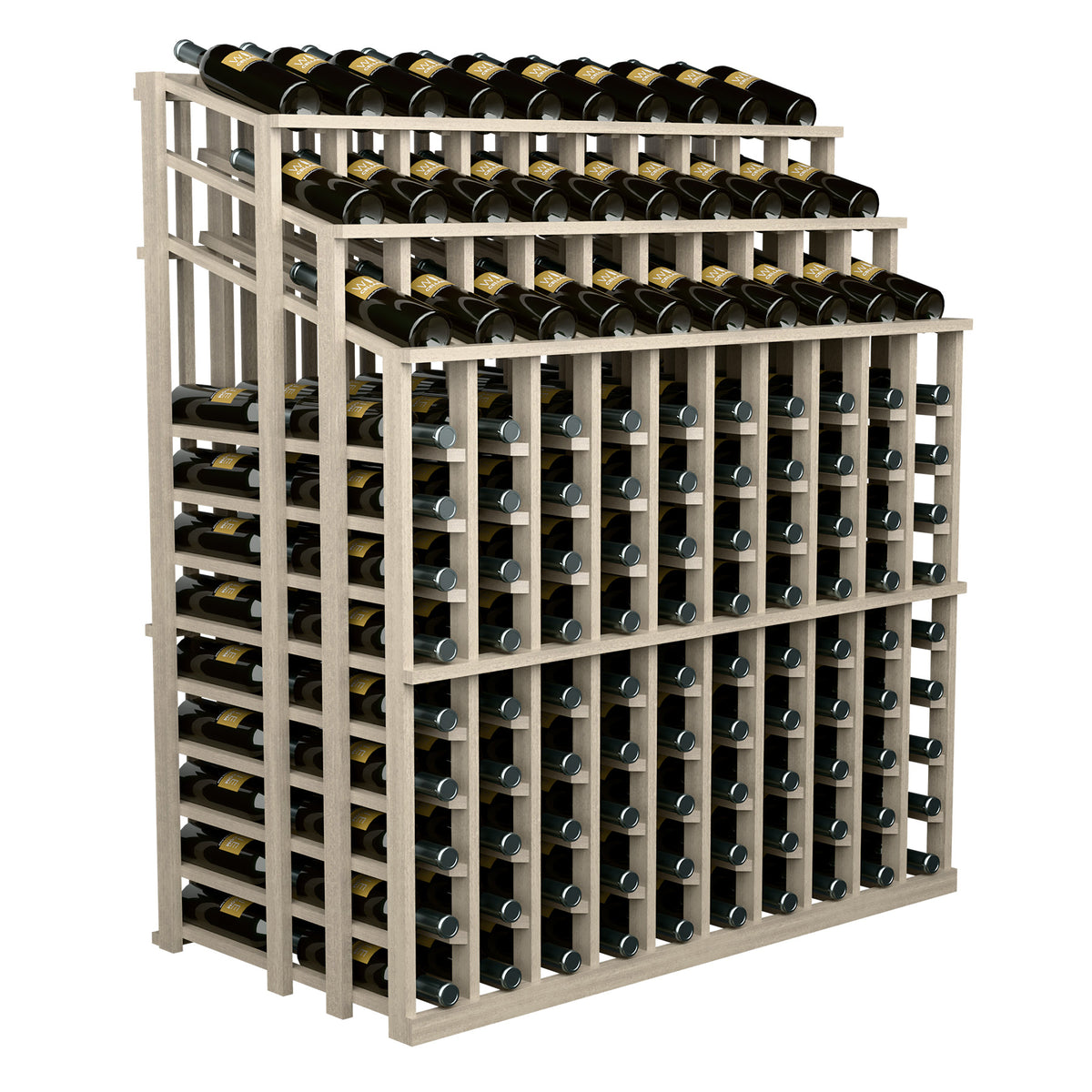 Three-tier wine bottle display rack with black bottles in slotted horizontal rows