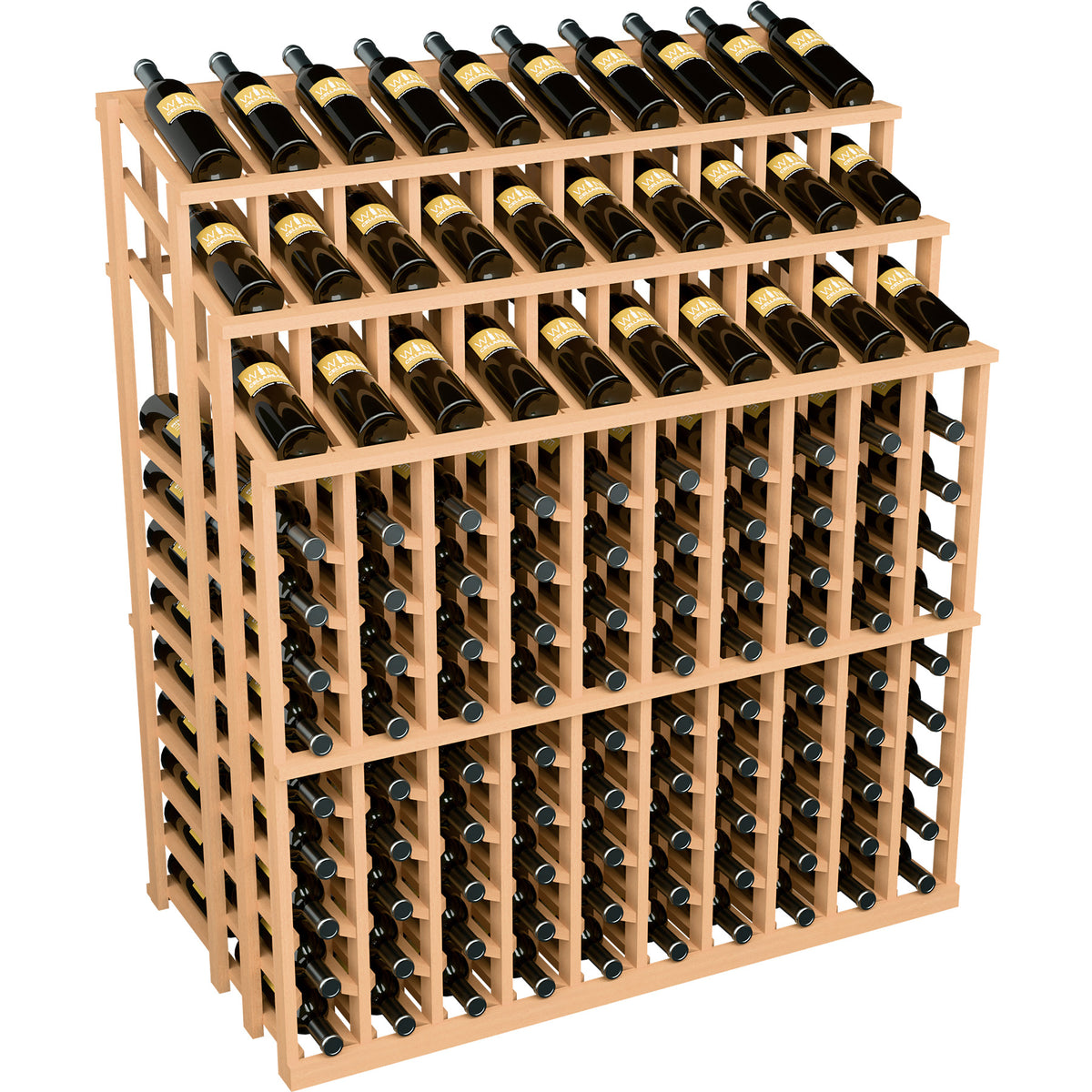 Light wood wine bottle display rack with multiple rows and dark bottles in cradles